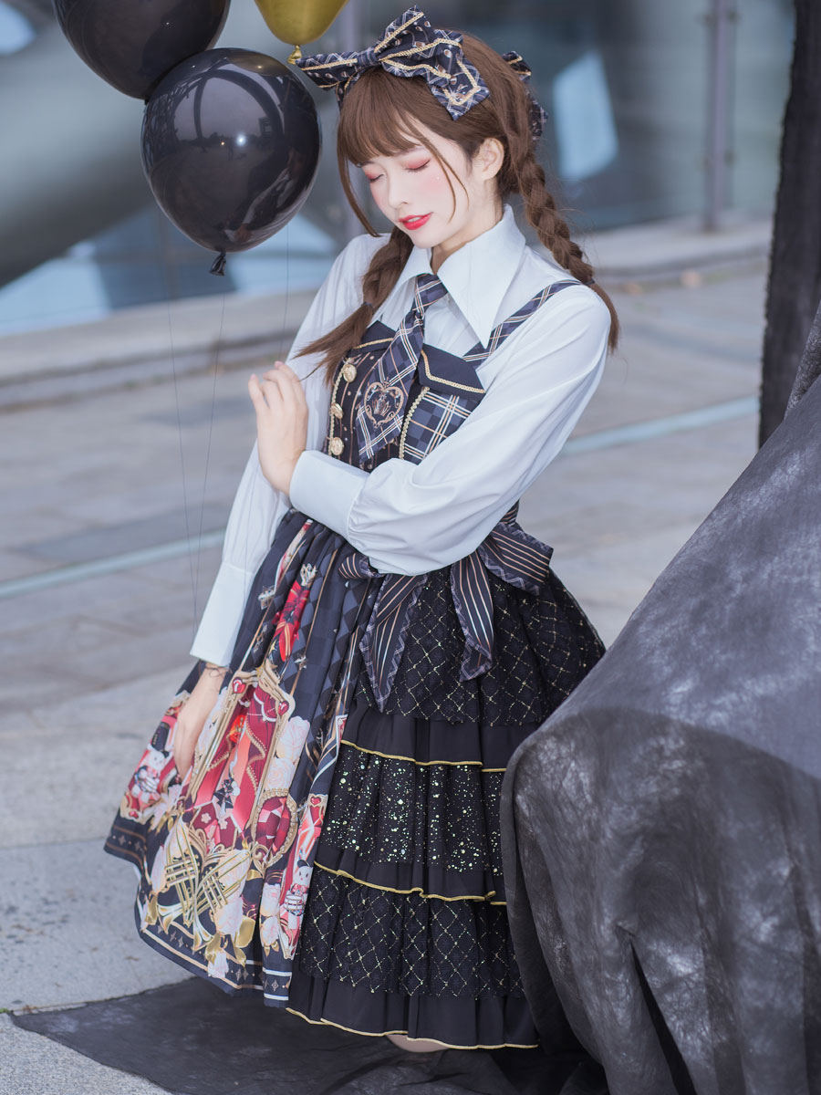 甘いロリータJSKドレス 赤黒 ポリエステル ネクタイ アイドル服