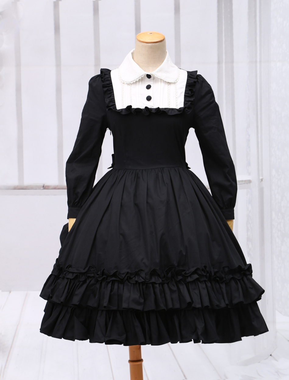 長袖  バイカラ― 上品 フリル ワンピース ブラック シフォンワンピース ハイネック ロング フリル 長袖 上品 黒