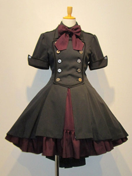 ゴスロリ軍服ワンピース OPドレス ボタン リボン 制服コスプレ フリル