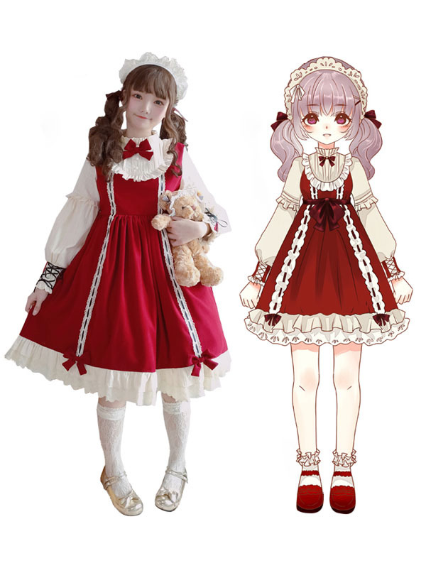 甘ロリ スウィート 長袖 ブルー ロリータワンピース OPドレス ボウ