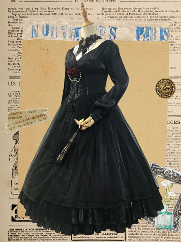 ゴシックロリータOPドレスネバーランドカスケードフリルボウブラック