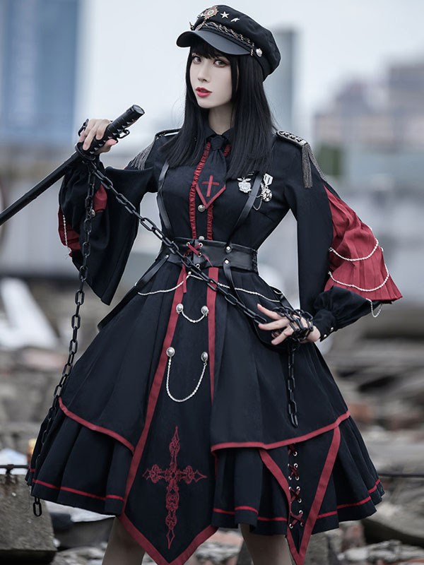 【Katie】モッズコート/ミリタリーコート(背中にロリィタドレス柄 loose silhouette military mods coat / black（ルーズ