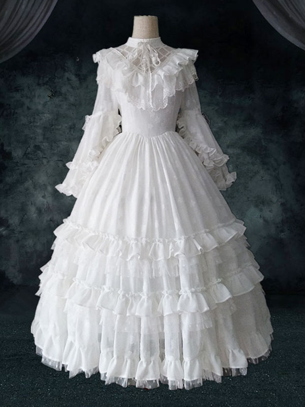 クラシックロリータOPドレス 4ピースセット ホワイト フリル 長袖