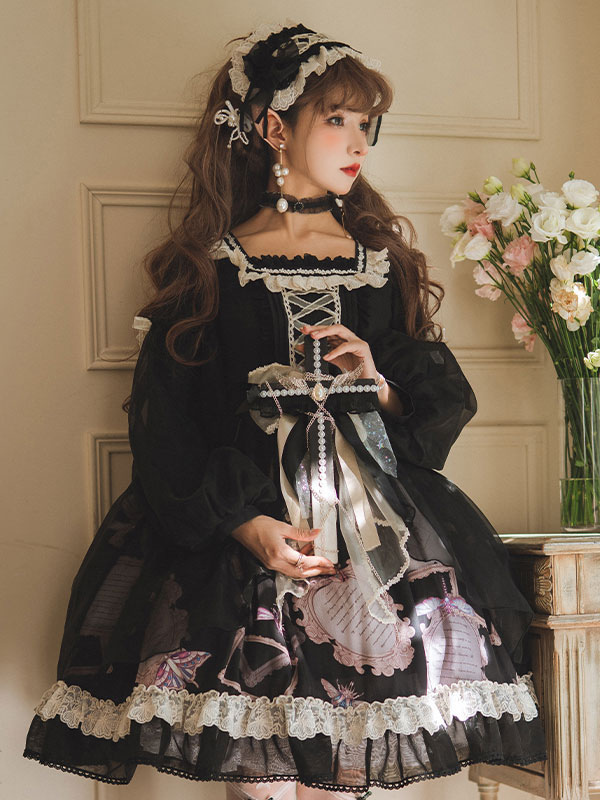 ゴシックロリータドレス長袖フリルレースボウブラックロリータ