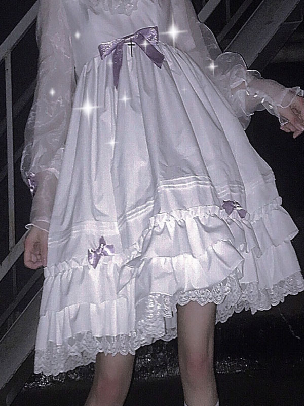 ホワイトロリータOPドレスゴシックフリルボウクロス長袖ロリータ