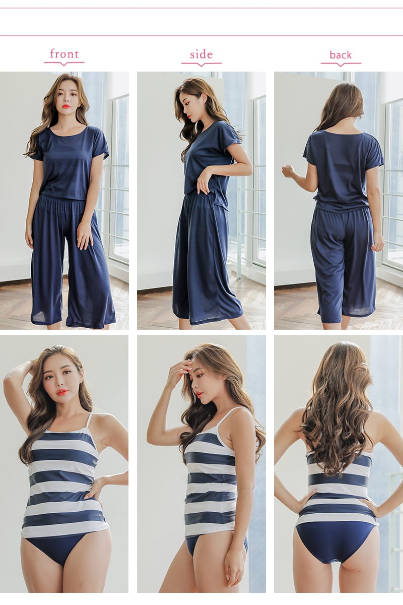 水着 体型カバー レディース タンキニ キャミソール Tシャツ ミモレ丈パンツ ４点セット カバーアップ ボーダー Swz1953 Cotaron Shop 通販 Yahoo ショッピング