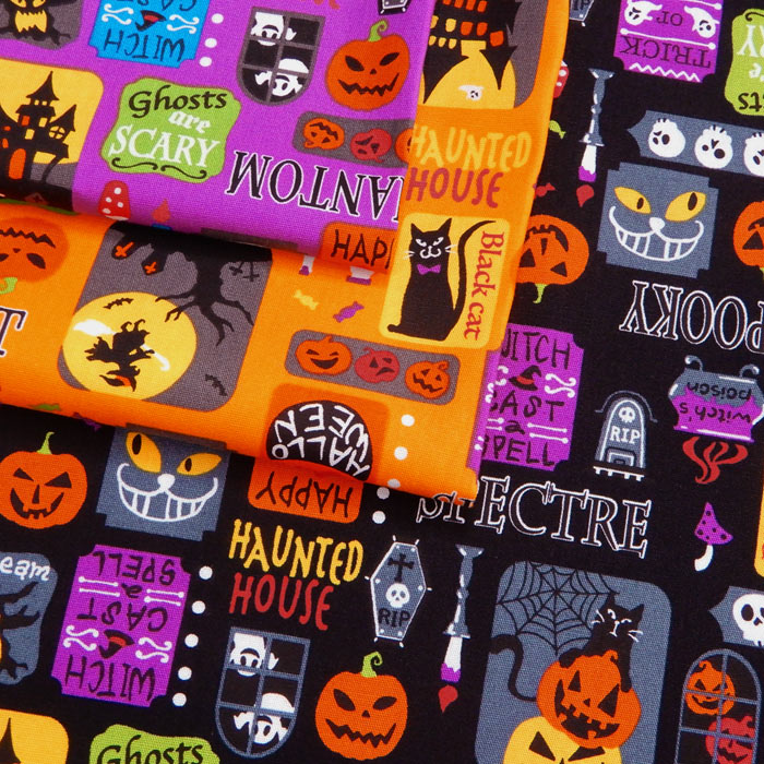 生地 ハロウィン 柄 ラベル柄 スケアー 布 オレンジ 紫 黒 系