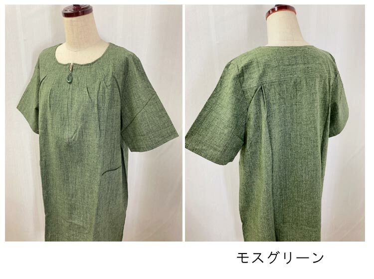 先染めピンタックワンピース／日本製／綿／前開き／半袖／涼しい