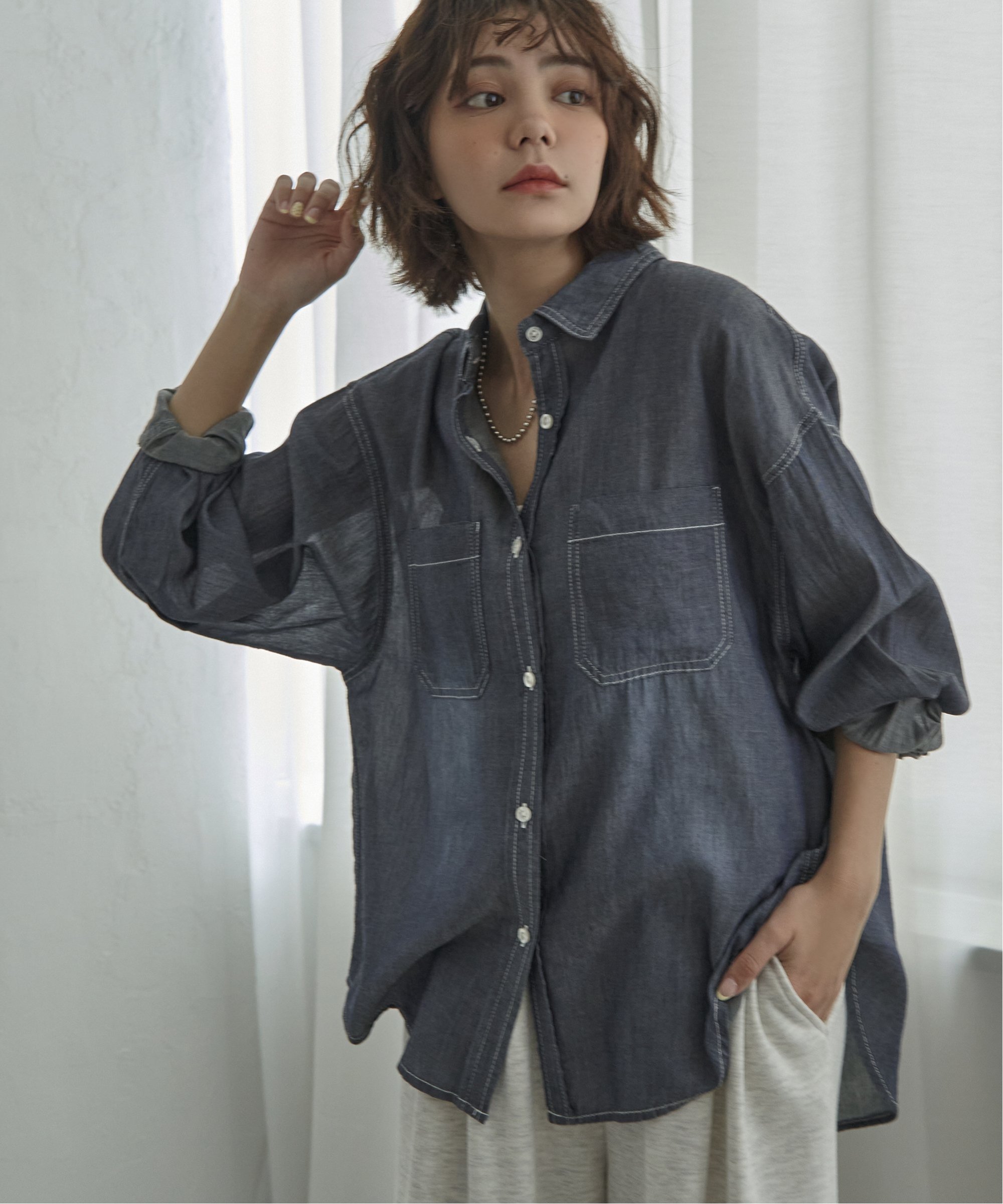 未使用タグ付　huitieme nid 柔らかカシュクールギャザーデニムシャツ notch. シアーデニムシャツ : COX-ONLINE SHOP ヤフー店 - 通販