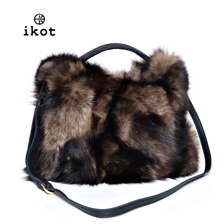【美品】ikotイコット　レザー　トートバッグかごバッグ2way ファーフラップ ikot（イコット） ファーバッグ ショルダー ブラウン フォックスファー
