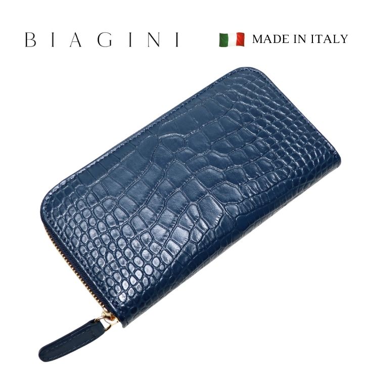 SILVANO BIAGINI クロコ 型押し 長財布 イタリア製 本革 ブランド メンズ 財布 ラウンドファスナー ネイビー 財布 カーフ  小銭入れあり