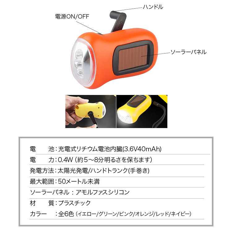 懐中電灯 led 小型 3個セット 強力 ハンディ ライト 電池不要 太陽光 ソーラー 充電 手巻きタイプ 防災 お散歩 手のひらサイズ カラフル  かわいい コンパクト :handylight:CRADLE-KOBE - 通販 - Yahoo!ショッピング