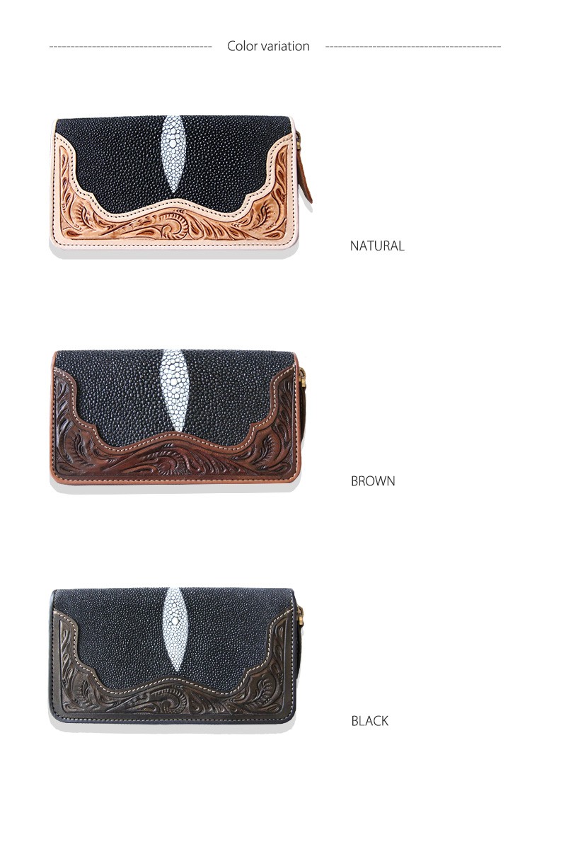 未使用【美品】ビンテージ 本革 カービング レザークラフト長財布 レザークラフト優 財布/長財布/エイ革/ラウンドファスナー/レザー/牛革