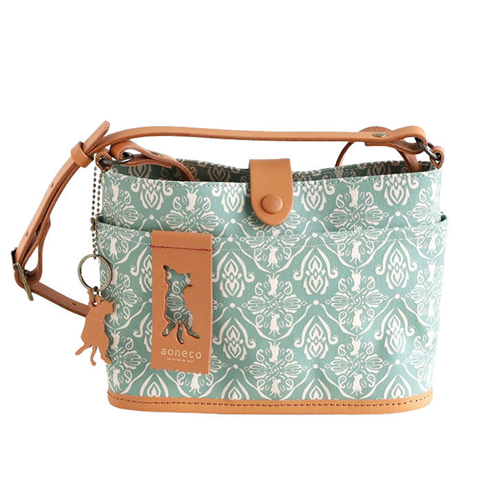 aoneco(アオネコ) ダマスク柄 バケット ミニ ショルダーバッグ 横型 / 保護猫 支援 寄付 ブランド 日本製 レディース 肩掛け ポシェット 斜めがけ 猫 ネコ 本革 | aoneco | 01