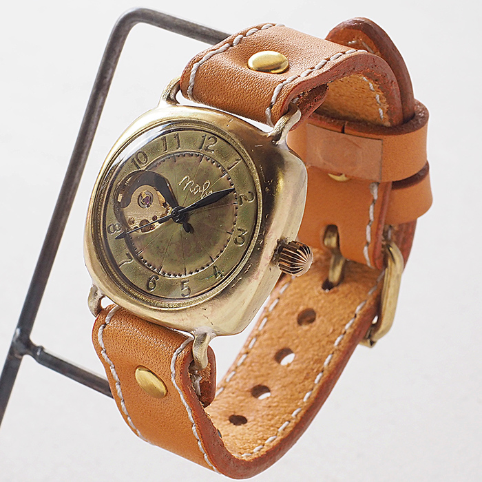 機械式 手巻き腕時計 オープンハート 真鍮クッションケース 34mm アラビア数字 ミシンステッチベルト 牛革 ベルト/メンズ レディース ペア ウォッチ スクエア