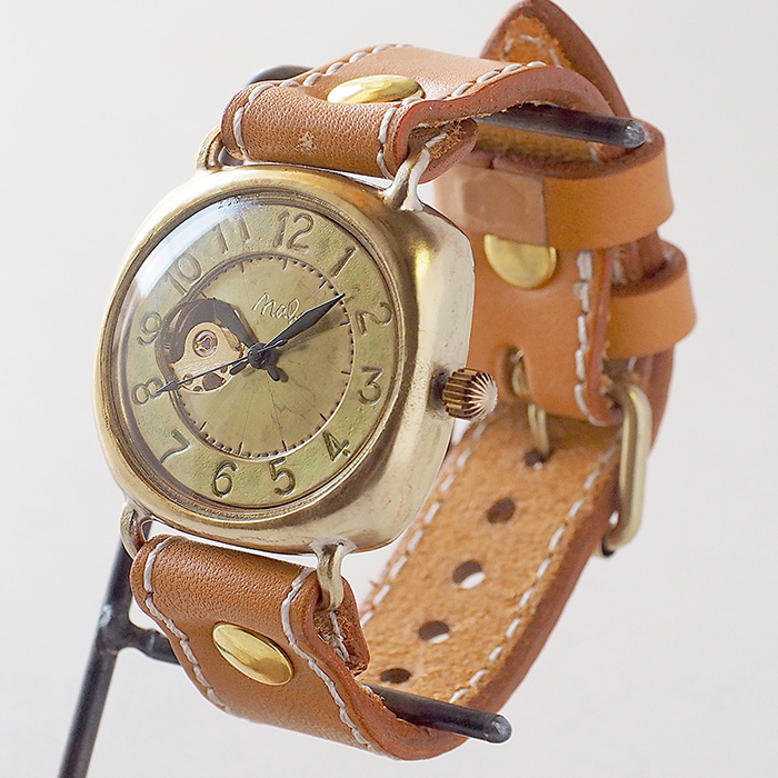 機械式 手巻き腕時計 オープンハート クッションケース 38mm アラビア数字 ミシンステッチ 牛革 ベルト/メンズ レディース ペア ウォッチ スクエア