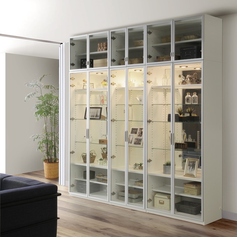 VA 壁面収納 本棚 幅40cm 上置き付 ガラス リビング壁面収納