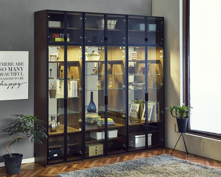 VA 壁面収納 本棚 幅60cm 上置き付 ガラス リビング壁面収納