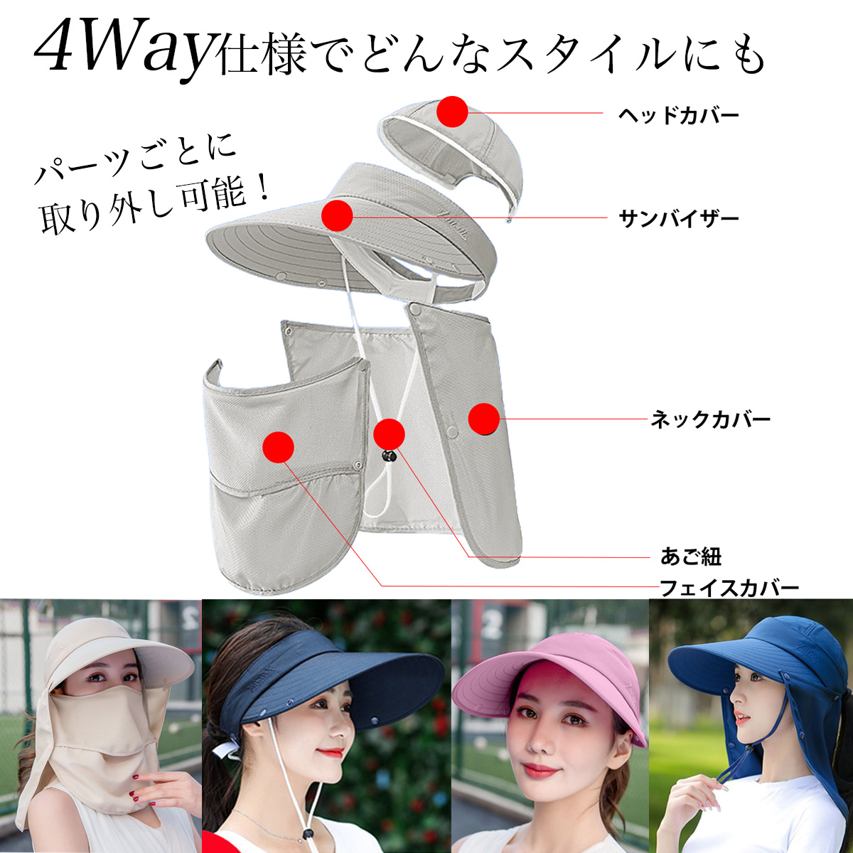 日よけ帽子 レディース つばひろ おしゃれ 大きめ 紫外線カット 日焼け防止 女性 4way 折りたたみ 農作業 ガーデニング フェイスマスク アウトドア 関連画像3