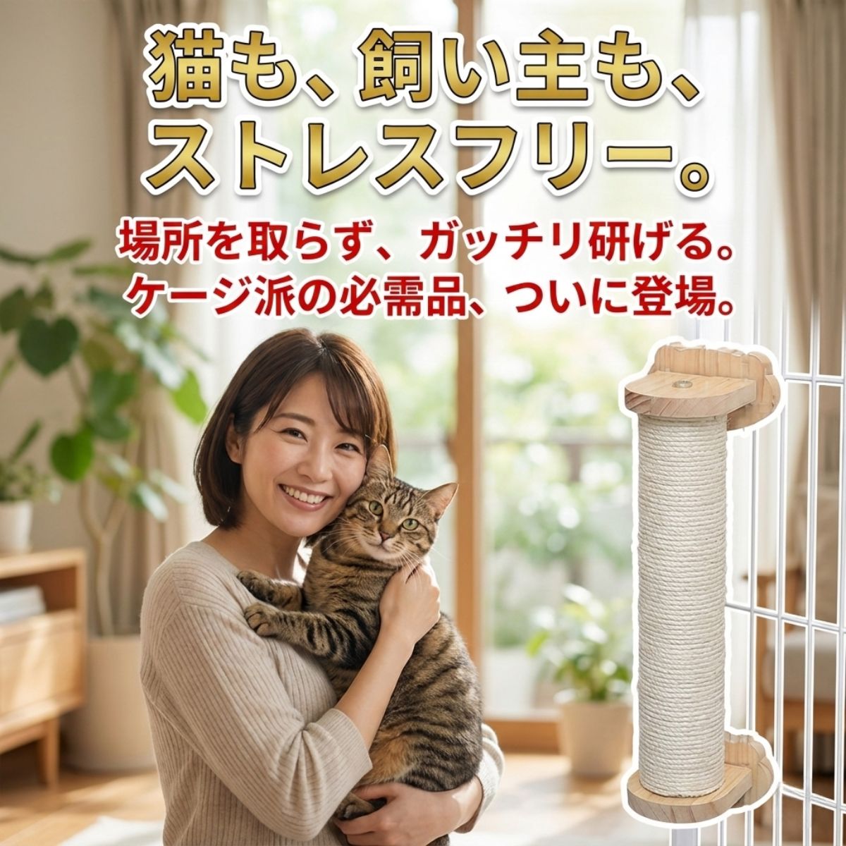 猫 爪とぎ ポール ケージ用 丸型 ロープ 木製 簡単取付 麻紐 おしゃれ つめとぎ やすり効果 縦型 キャットポール シンプル ストレス発散 関連画像2