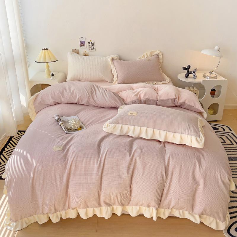 全4色 韓国風 布団カバーセット フリル 可愛い 寝具 ブルー 水色 無地