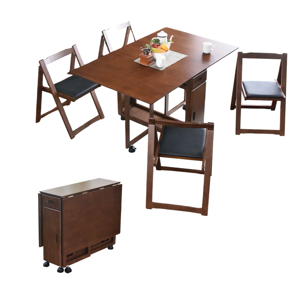 Cスタイル 折りたたみテーブル キャスター付き 食卓 5点セット