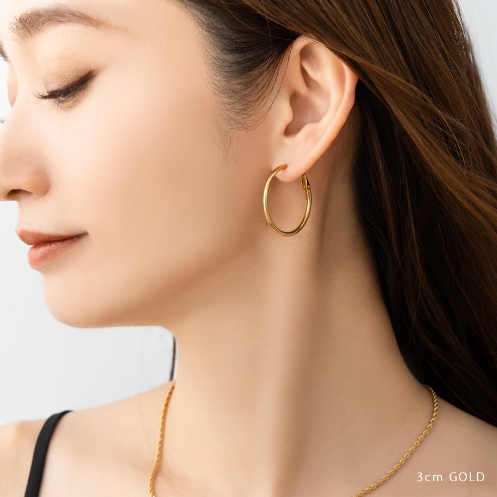 毎日つけたい！シンプルなピアス！ BAR ゴールド Cream dot. ステンレス製 3サイズ ピアス フープピアス