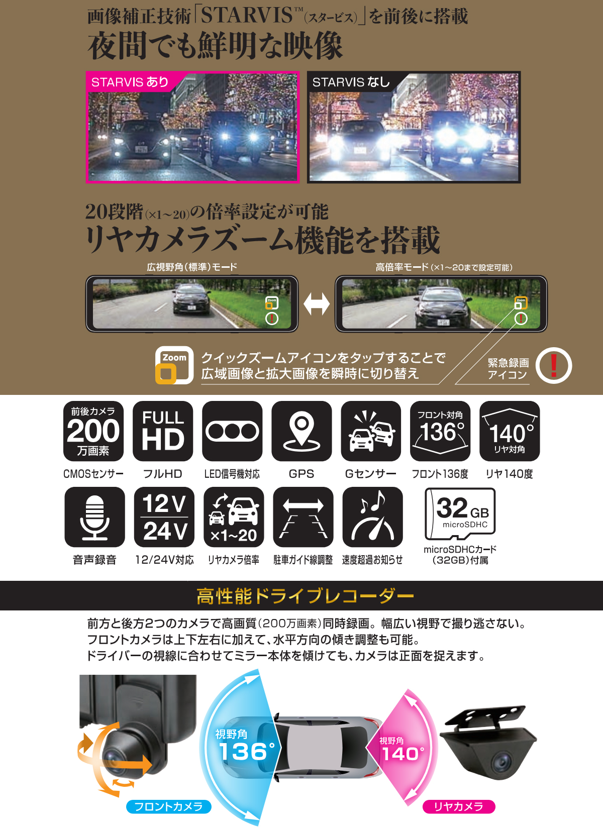 大橋産業 BAL 5710 前後 2カメラ ミラー型 ドライブレコーダー 大橋産業 BAL 5710 前後 2カメラ ミラー型 ドライブレコーダー