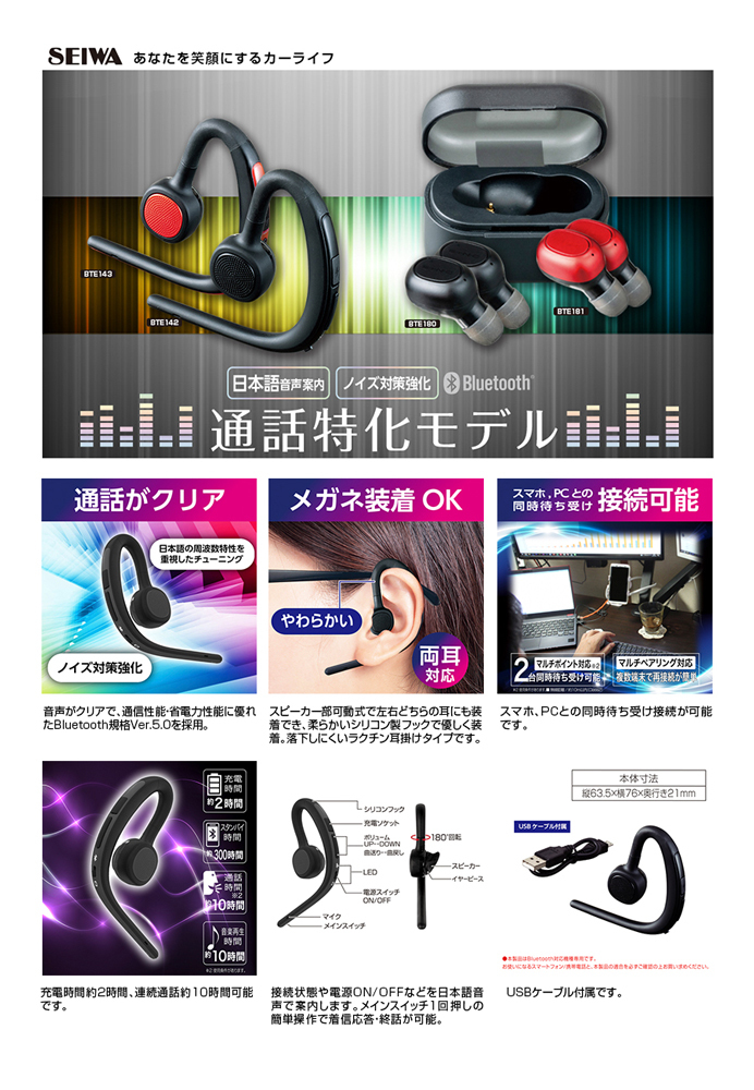 人気が高い セイワ SEIWA Bluetoothワイヤレスイヤホンマイク ver5.1 BTE171 レッド ノイズキャンセリング 防水 IPX5  fucoa.cl