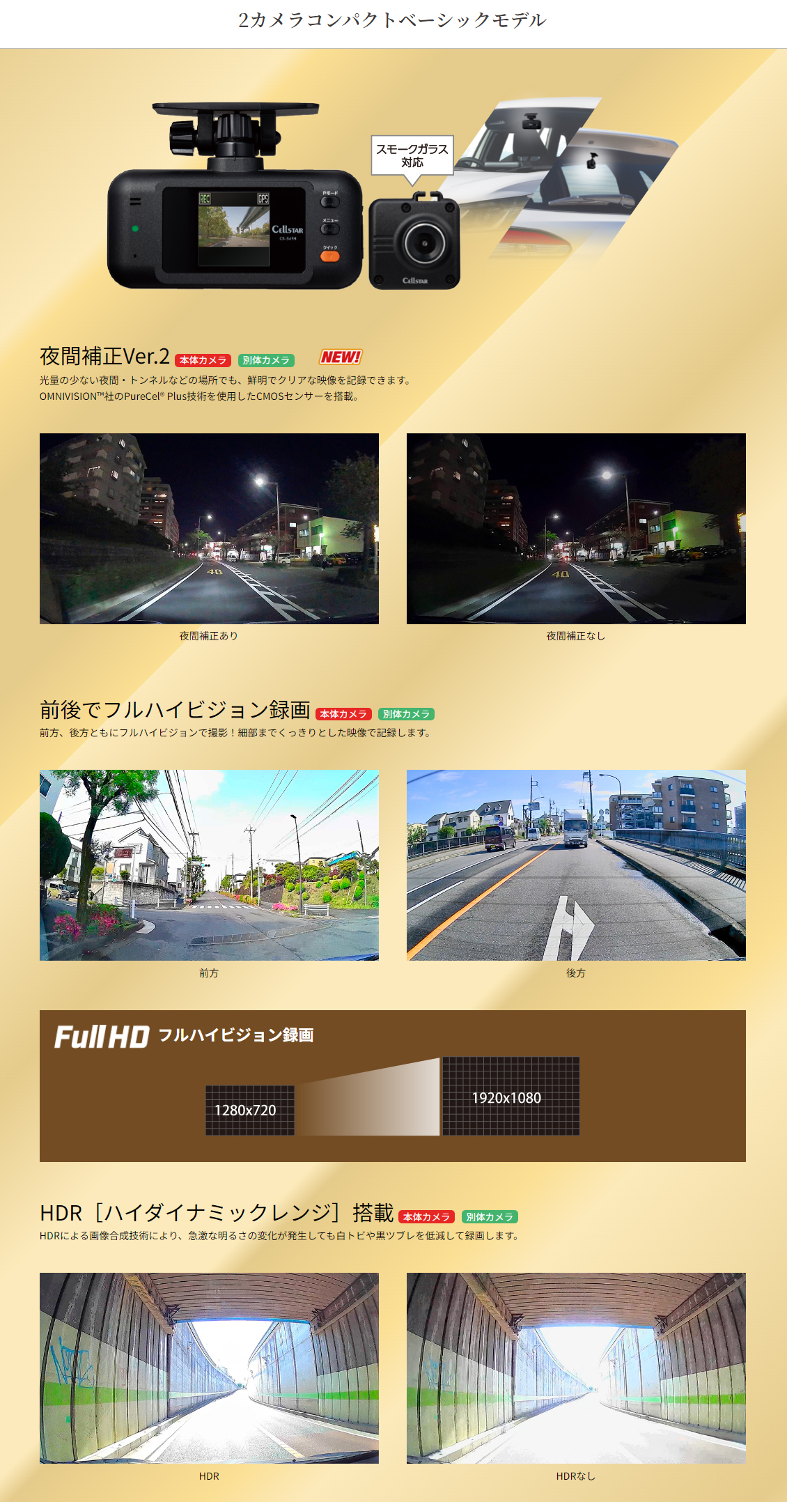 セルスター CS-54FH ＆GDO-10 ドラレコ前後と駐車監視タイマーコード CELLSTAR セルスター CS-54FH + GDO-10 前後2カメラ ドライブ