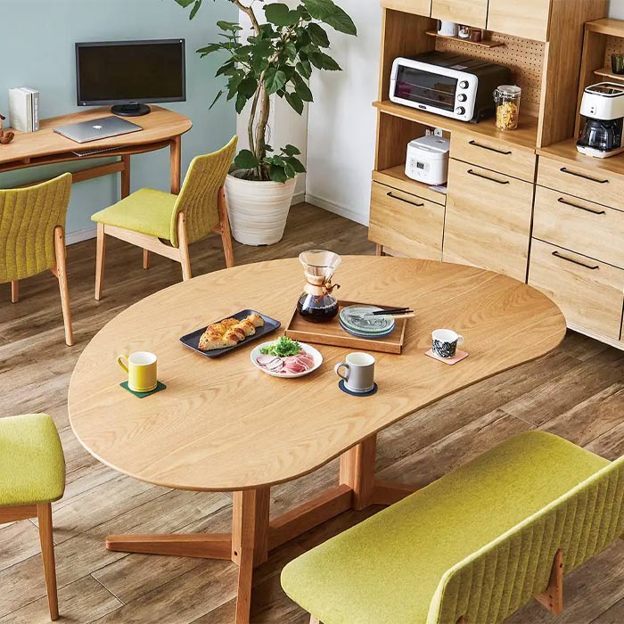 リビングテーブル 豆型 ビーンズ型 半円 変形 無垢材 丸み 楕円型 収納