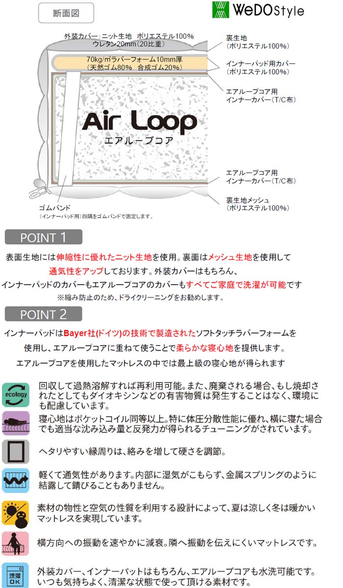 シングルマットレス MA-OLDHAM オールダム エアループコア Air Loop