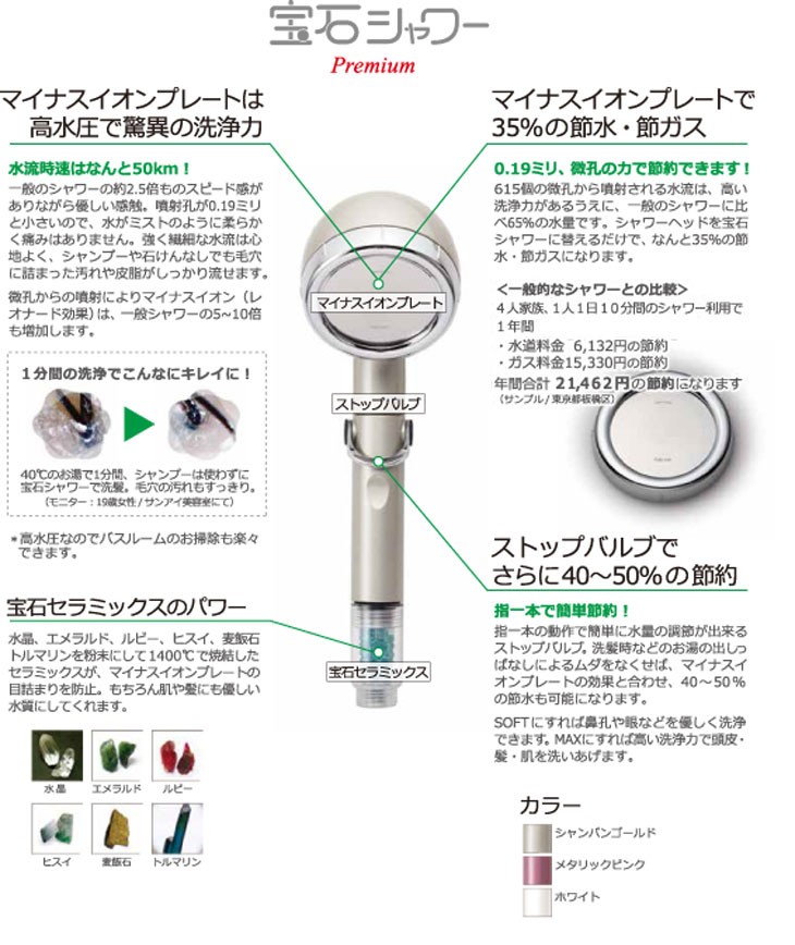 シャワーヘッド 宝石シャワー プレミアム Premium 35％節水・節ガス 同