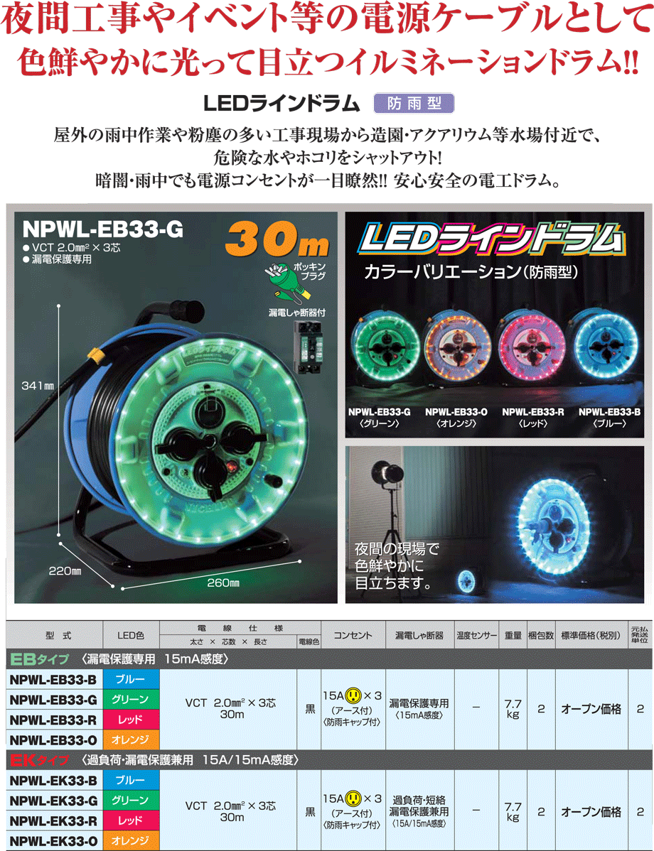 日動工業 LEDラインドラム(防雨型) 漏電保護専用 30m ブルー NPWL-EB33-B : npwl-eb33-b :  ケミカル用品と工具のCRK販売 - 通販 - Yahoo!ショッピング