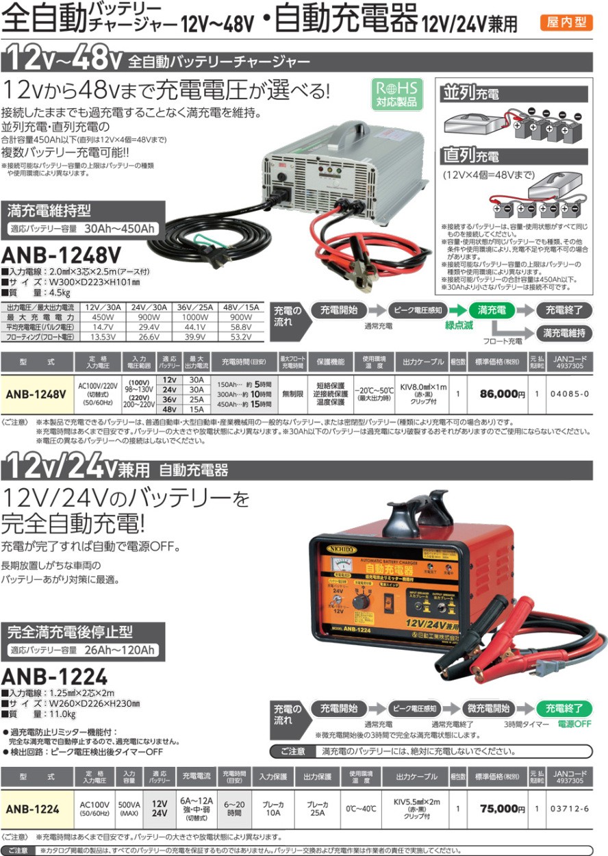 日動工業 自動充電器12・24V兼用 ANB-1224 : ケミカル用品と工具のCRK 