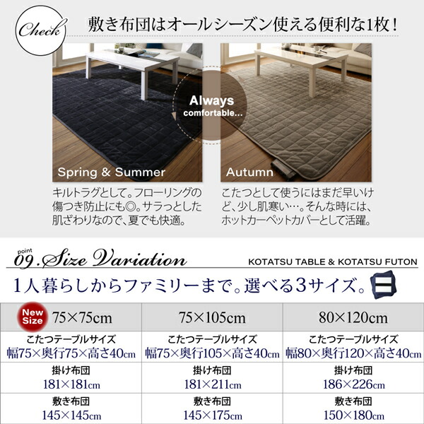 こたつ布団セット アーバンモダンデザインこたつ 省スペースタイプ 鏡面仕上 こたつ3点セット(テーブル＋掛・敷布団) 正方形(75×75cm)  通販