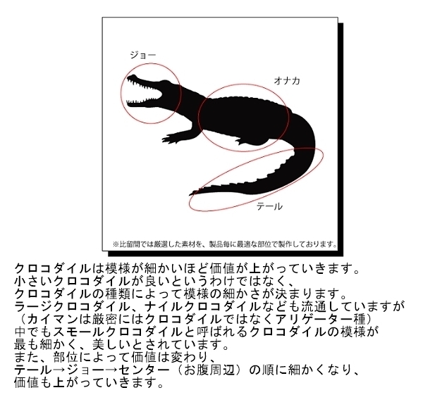 スモールクロコダイル ジョー 二つ折り財布 革工房比留間 : 革工房