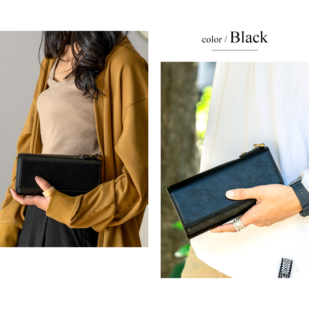 レザー型押しミックス ラウンドファスナー長財布(FREE ブラック