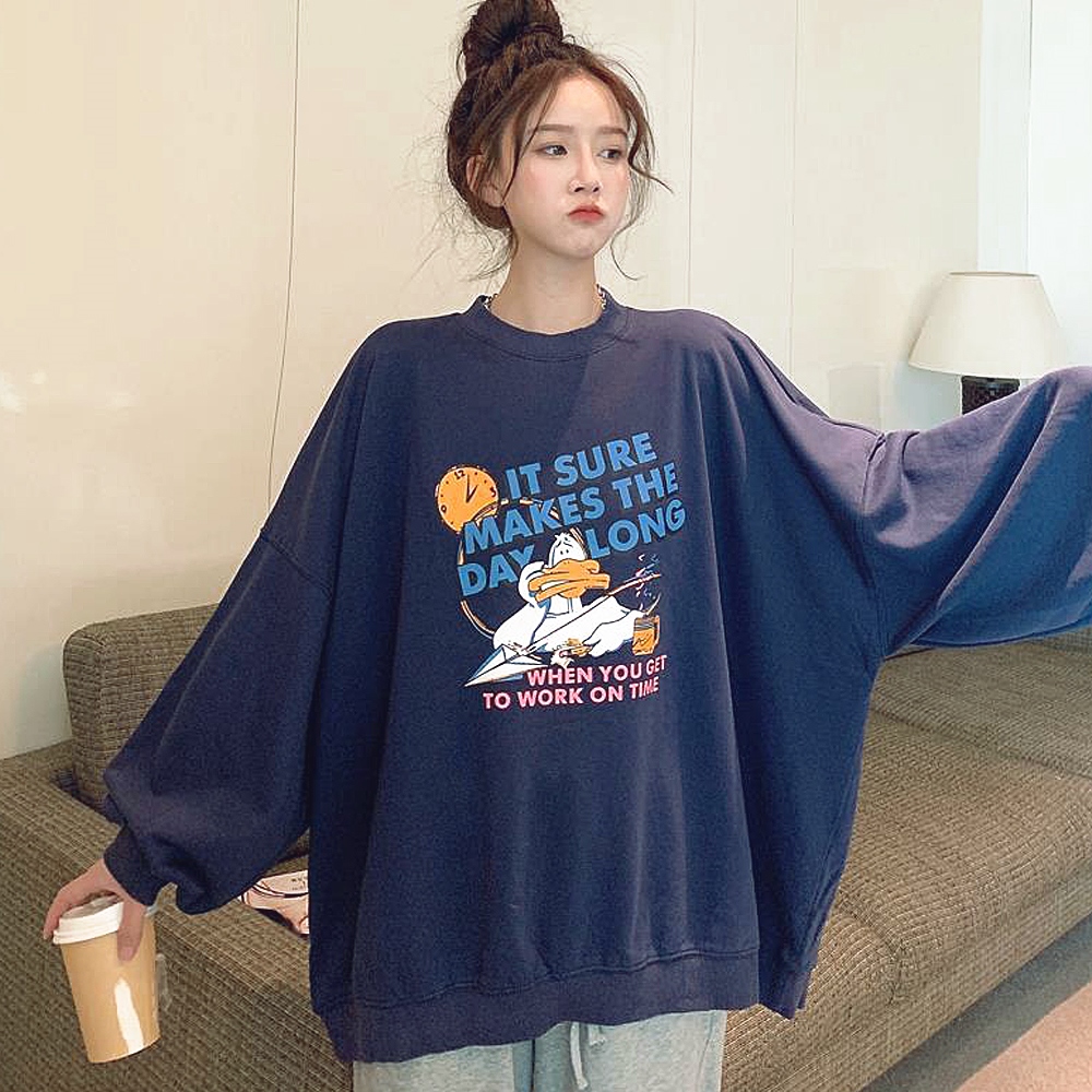 トップス レディース 長袖 おしゃれ 秋 冬 大きいサイズ オーバーサイズ ロング丈 韓国 高校生 10代 代 ファッション デニム トレーナー バイカラー 1069 未使用