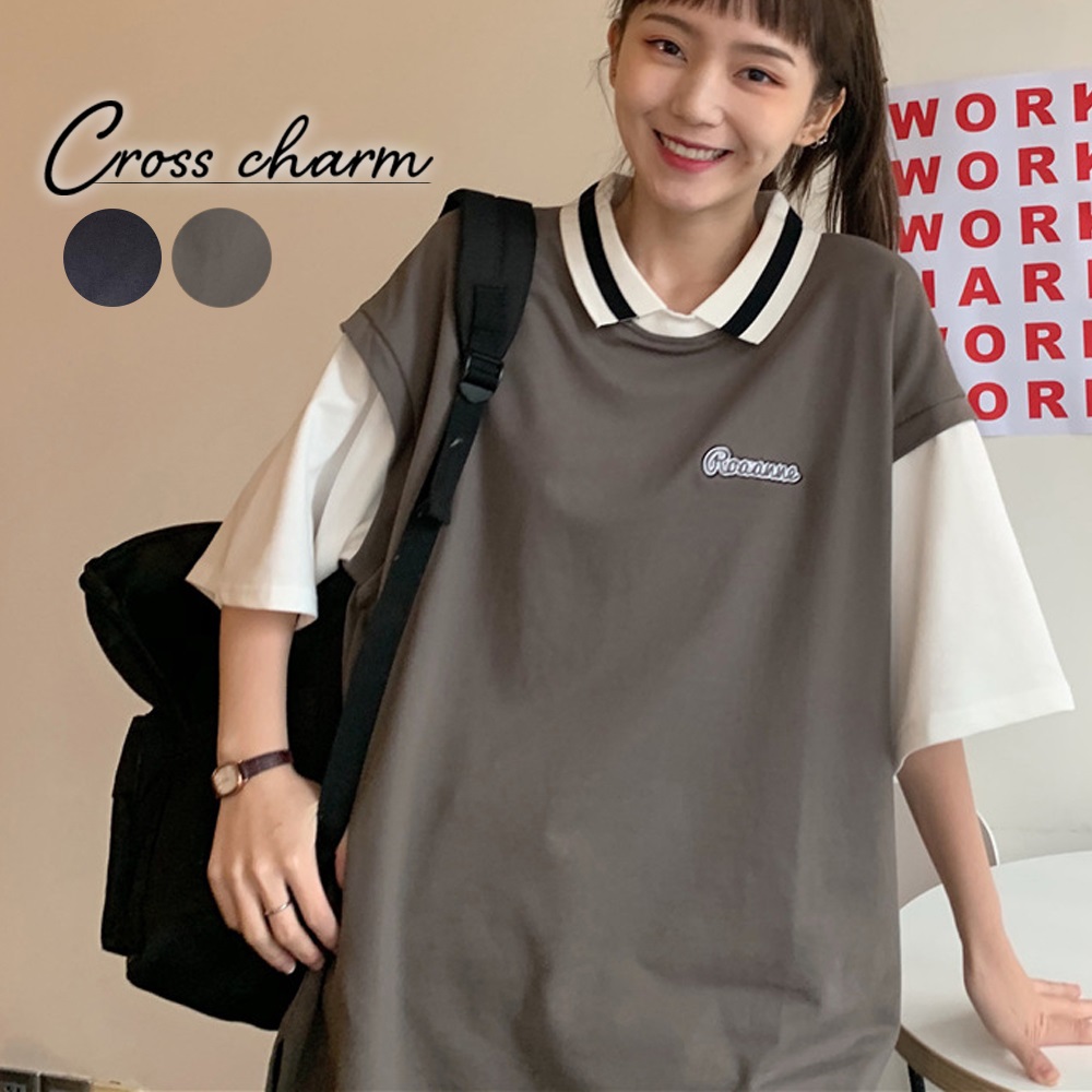 tシャツ バイカラー レイヤード ポロトップス 半袖 レディース ta701t_01.jpg