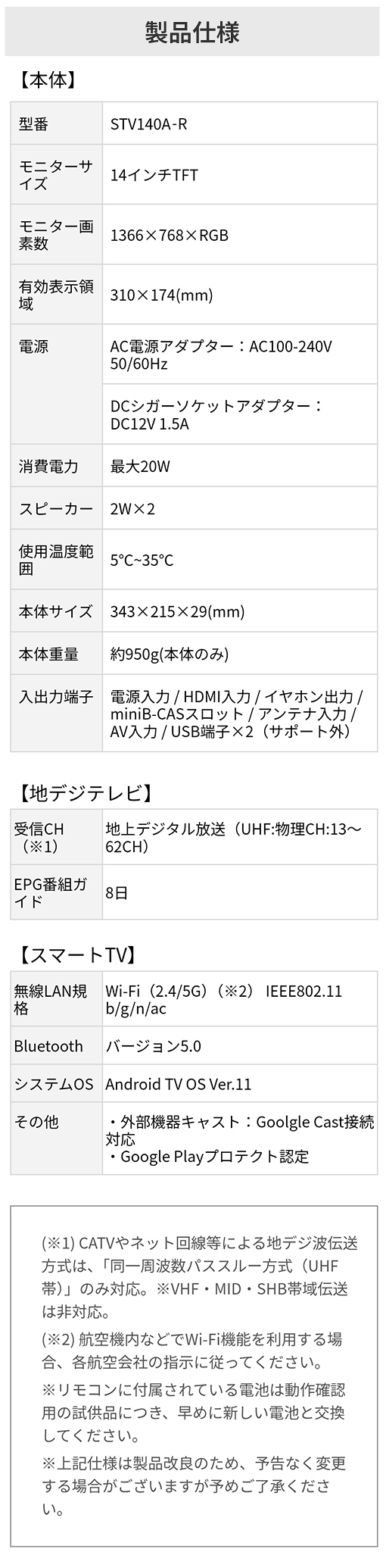 14インチ モニター画素数1366×768×RGB、電源AC電源アダプターとシガーソケットアダプター、本体重量約950g(本体のみ)