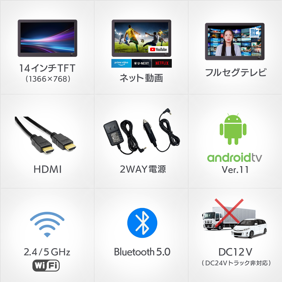 スマートテレビ Android TV STV140Aの特長 14インチ ネット動画 フルセグテレビ HDMI 車と家の2WAY電源 AndroidTV Ver.11 Wi-Fi Bluetooth5.0 DC12V
