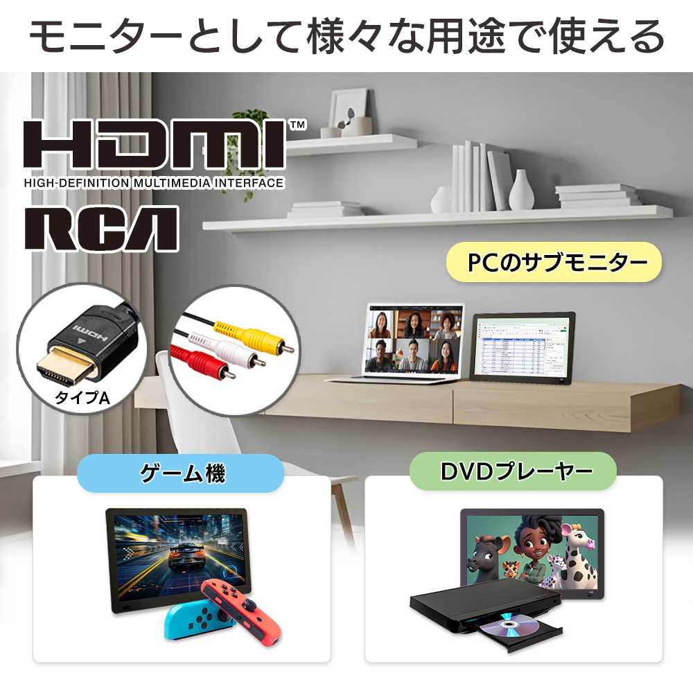 PCのサブモニター、DVDプレーヤー、ゲーム機のモニターなど様々な用途で利用できる