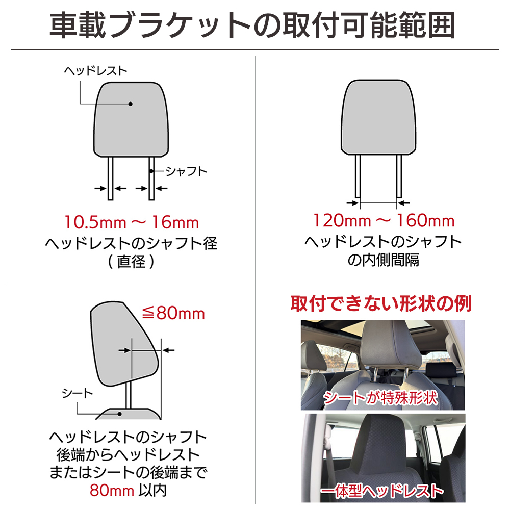 車載用ブラケットの取り付け可能範囲