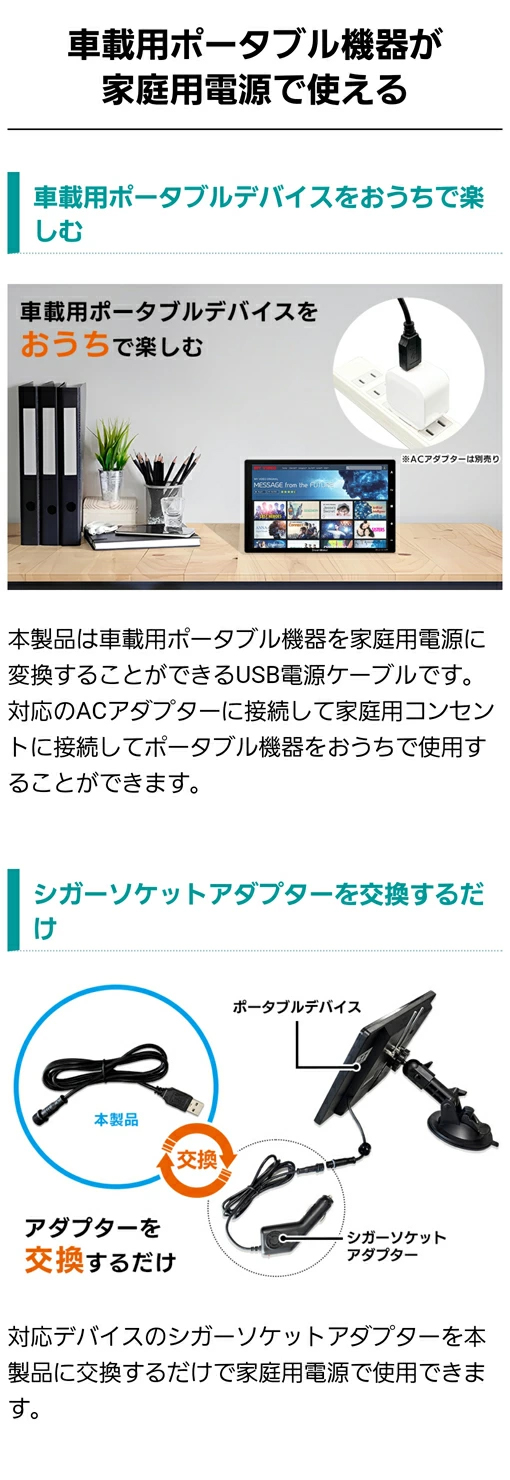 車載用ポータブル機器をご家庭の電源で使えるように変換するUSB電源ケーブル。ACアダプターを使い家庭用コンセントに接続すると車で使うポータブル機器がご家庭で使えるようになる。対応デバイスのシガーソケットアダプターを本製品に交換するだけでOK。