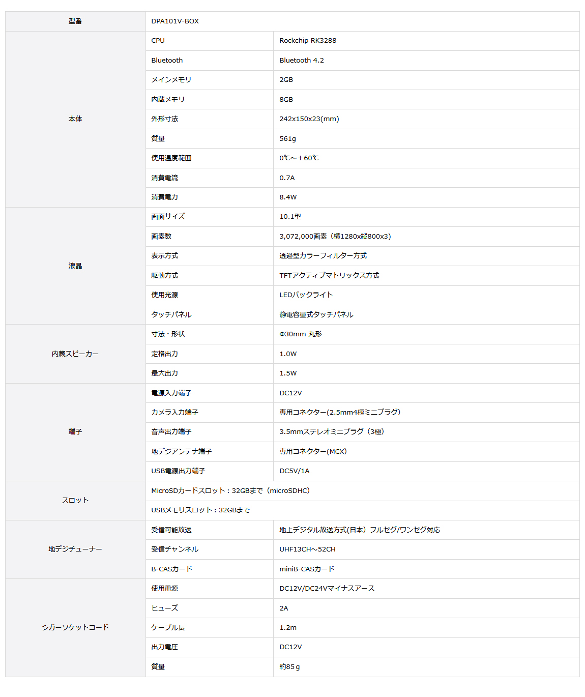 【製品仕様】CPU：Rockchip RK3288、Bluetooth：Bluetooth 4.2、メインメモリ：2GB、内蔵メモリ：8GB、外形寸法：242x150x23(mm)、質量：561ｇ、使用温度範囲：0℃〜＋60℃、消費電流 ：0.7A、消費電力：8.4W、液晶：画面サイズ、10.1型画素数：3,072,000画素（横1280x縦800x3)