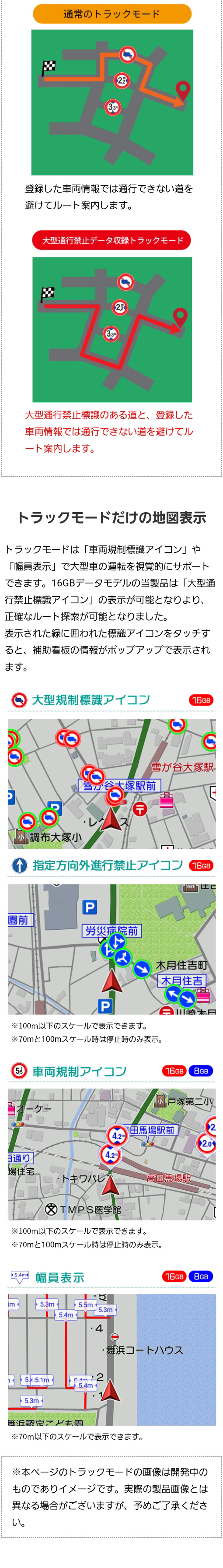通常のトラックモードと大型通行禁止データ収録トラックモードの違い、トラックモードだけの地図表示（大型規制標識アイコン、指定方向外進行禁止アイコン、車両規制アイコン、幅員表示）