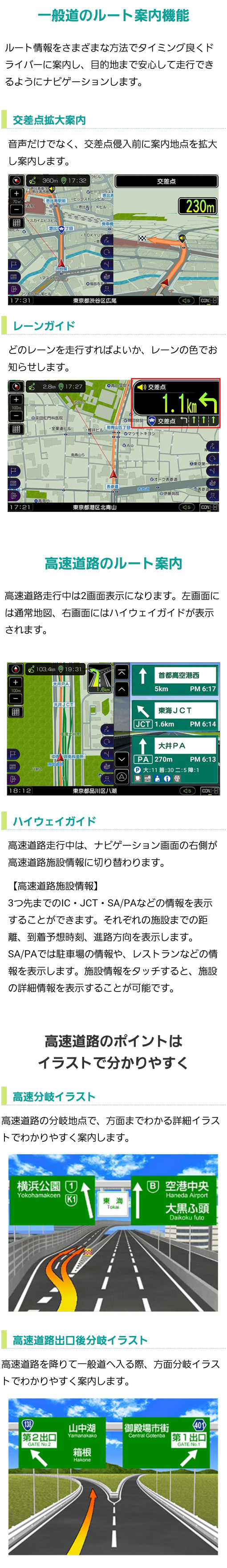 一般道のルート案内機能（交差点拡大案内、レーンガイド）、高速道路進行中は2画面表示になる高速道路ルート案内、高速道路のポイントはイラストで分かりやすい（高速分岐イラスト、高速道路出口後分岐イラスト）