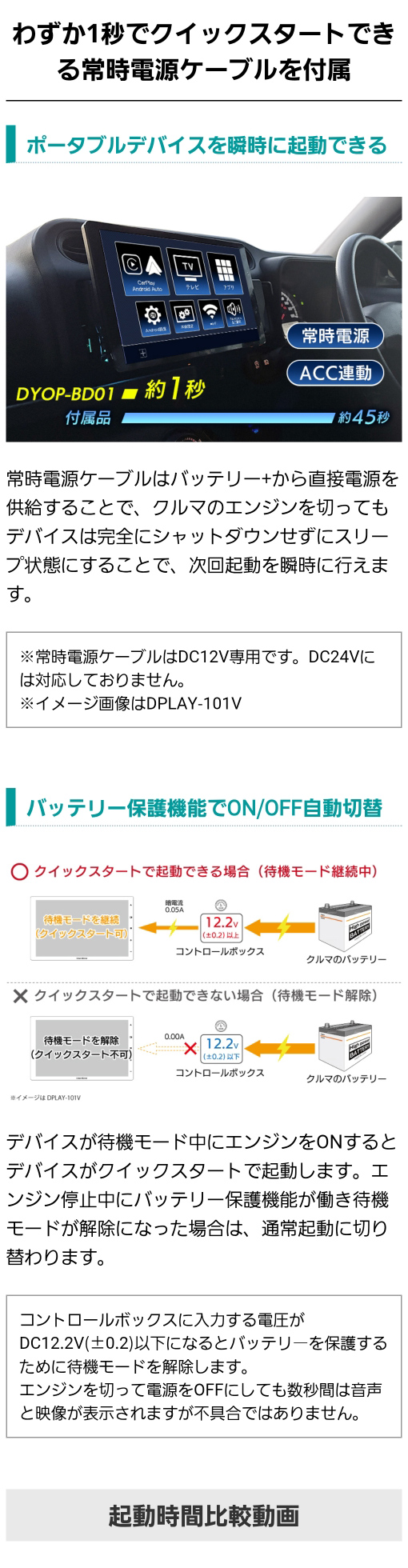 わずか1秒でクイックスタートできる常時電源ケーブルを付属。※常時電源ケーブルはDC12V専用です。