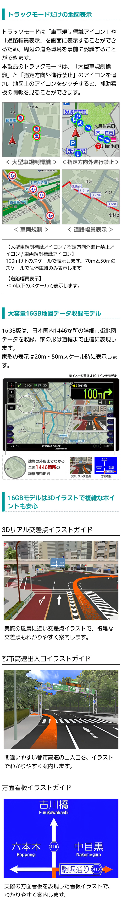 トラックモードだけの地図表示見本（車両規制・指定方向外進行禁止・道路幅員表示・大型車規制標識）、大容量16GB地図データ収録モデル、日本国内1446か所の詳細市街地図データを収録。家の形は道幅まで正確に表現。3Dイラストで複雑なポイントも安心